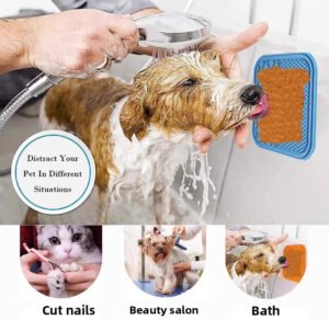 Lick mat with suction cups attached to tiles during bath